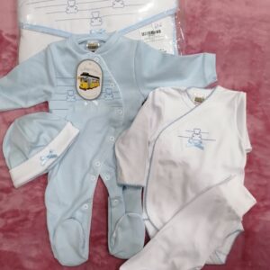 conjunto minha 1ª roupa saco + collant + gorro + body trespasse + babygrow 100% algodão