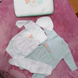 conjunto minha 1ª roupa verde saco + collant + gorro + body trespasse + babygrow 100% algodão